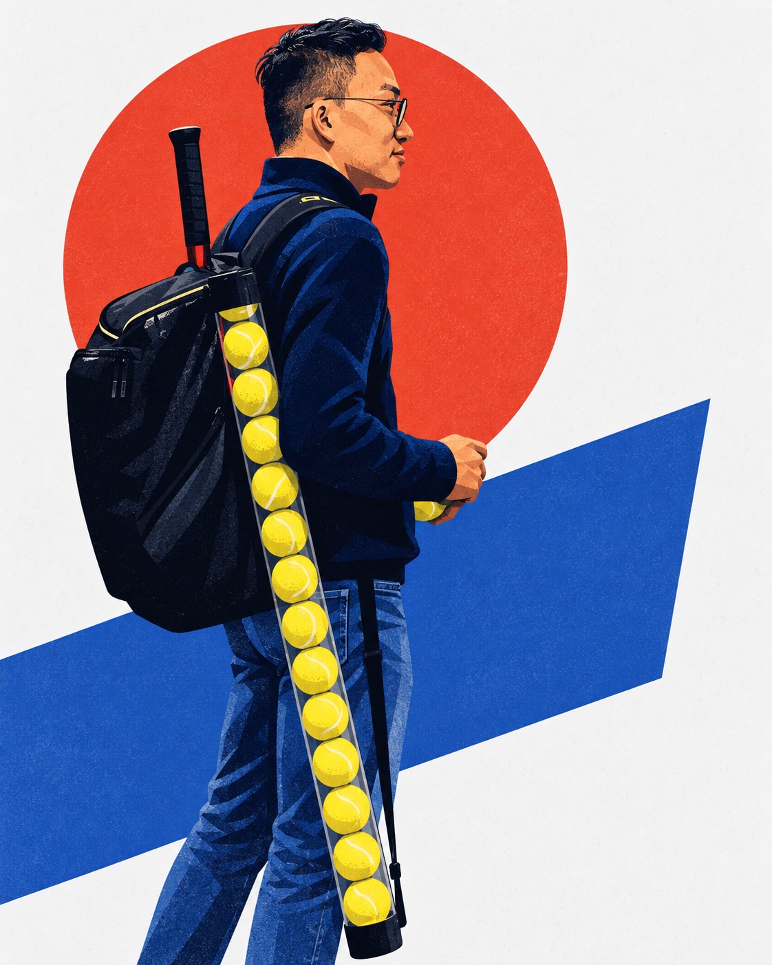 Colour illustration of Horris Tse carrying a tennis bag and a long tube of tennis balls